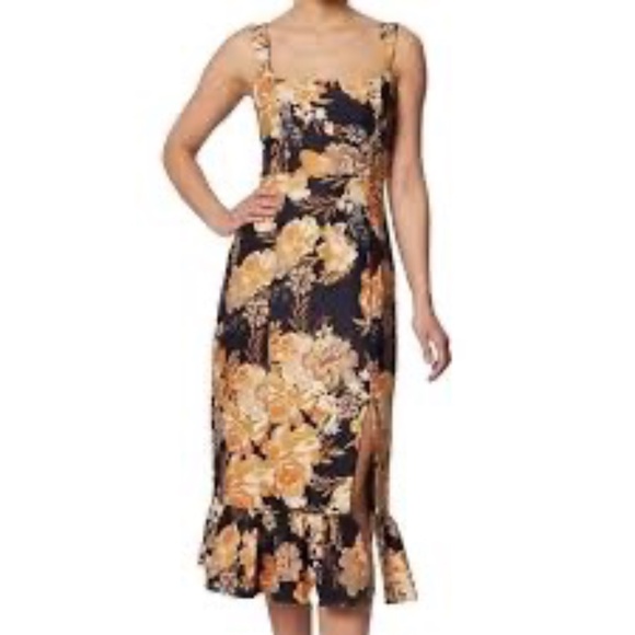 Laundry By Shelli Segal NWT Black/Gold Floral Bouquet Ruffle Hem Midi Dress Sz 6 - Picture 1 of 7